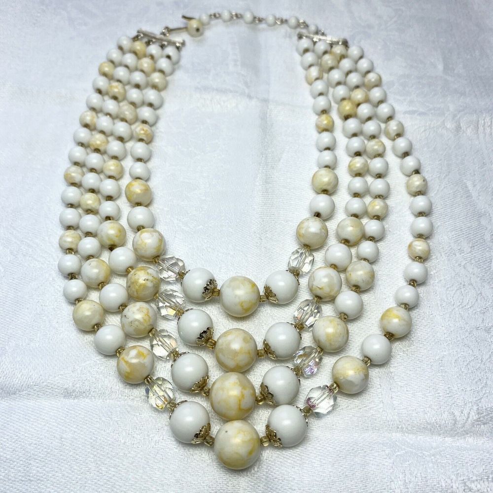 Vtg Japan 4 Strand Cream & Yellow Graduated Beads‎ & AB Faceted Bead Necklace